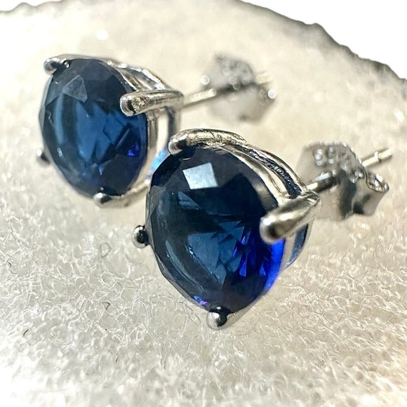 Blue Sapphire Stud Earrings for Women Sterling Silver 925 6MM Round lab-created - Picture 5 of 11